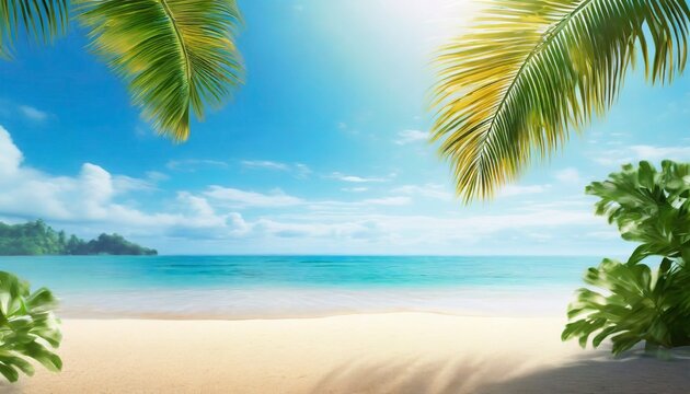sunny tropical beach with palm leaves and paradise