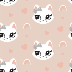 Pattern of cute cat. Pink, black, white cutie cat portrait in pastel colors. Sticker, wall art, background, kids room decoration. Cat cute face, portrait, kitten, pretty animal, little pussycat, pet.