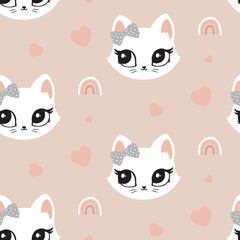 Pattern of cute cat. Pink, black, white cutie cat portrait in pastel colors. Sticker, wall art, background, kids room decoration. Cat cute face, portrait, kitten, pretty animal, little pussycat, pet.