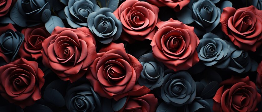 Top view of fresh black roses. Black rose background pattern. Closeup photo of black roses.