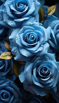 Vertical photo of blue roses. Top view photo of blue rose pattern. Rose flower decoration.