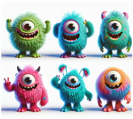 Colorful furry and cute monster dancing and waving 3D render character cartoon style