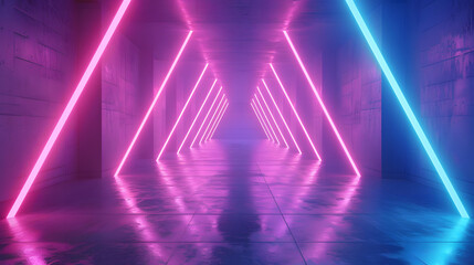 pink blue neon lines, illuminated empty room