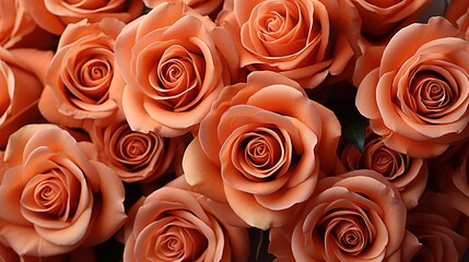 Natural fresh orange rose pattern. Top view image of orange roses. Wide angle photo of fresh roses.