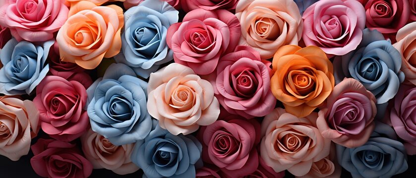 Many colorful roses for background. Top view image of colorful roses. Closeup photo of fresh roses.