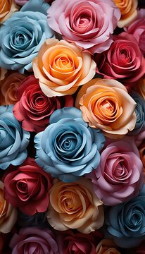 Many colorful roses for background. Top view image of colorful roses. Vertical photo of fresh roses.