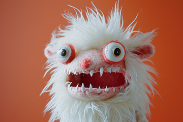 Obraz premium Fuzzy white cute monster with wild eyes and red open mouth on orange