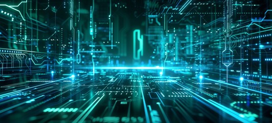 Blue and green glowing digital circuitry with nodes and lines forms a dynamic and futuristic techno landscape