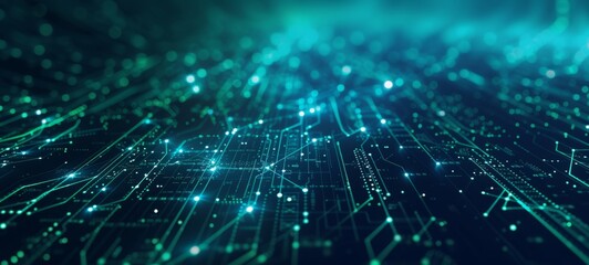 Blue and green glowing digital circuitry with nodes and lines forms a dynamic and futuristic techno landscape