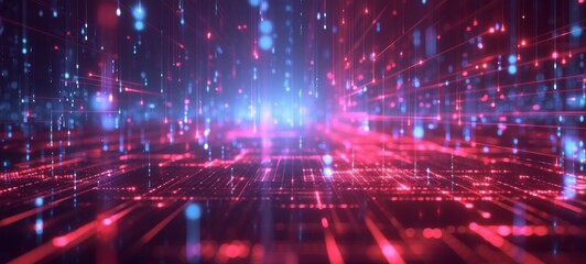 Obraz premium A dynamic view of purple and red glowing digital circuitry with nodes and lines, suggesting high-speed data transfer