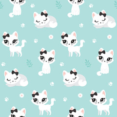 Pattern of cute cat. Pink, black, white cutie cat portrait in pastel colors. Sticker, wall art, background, kids room decoration. Cat cute face, portrait, kitten, pretty animal, little pussycat, pet.