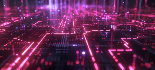 A dynamic view of purple and red glowing digital circuitry with nodes and lines, suggesting...