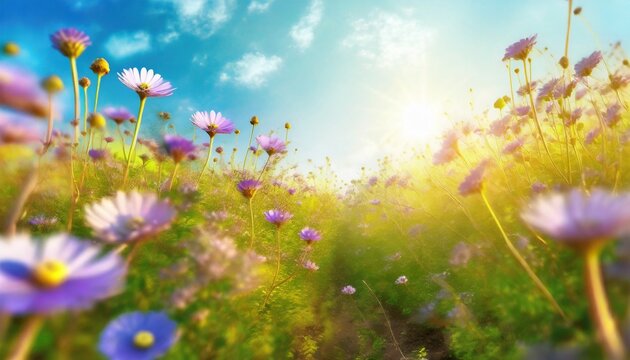 flower field in sunlight spring or summer garden background in closeup macro flowers meadow field