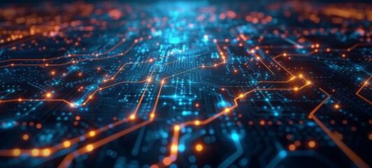 Luminous digital circuitry with glowing nodes and lines forming a futuristic techno landscape