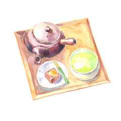 水彩で描いた日本茶と栗羊羹のイラスト