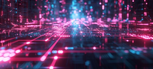 Fototapeta premium A vivid display of cybernetic space with neon pink and blue lights streaming across digital circuitry, creating a sense of rapid data movement