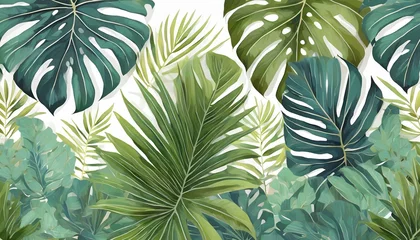 Fotobehang abstract foliage and botanical background green tropical forest wallpaper of monstera leaves palm leaf branches in hand drawn pattern exotic plants background for banner prints decor wall art © Wendy