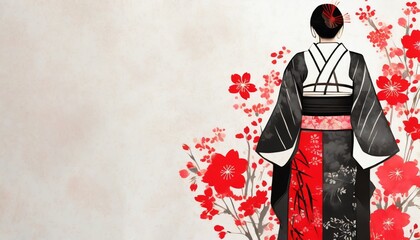 kimono drawing simplistic japanese aesthetic art on a white textured background hints of red flowers wallpaper for cards and flyers inspired by ukiyo  technology