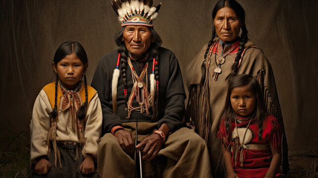 Old Native Senior American Indian family with selective focus background