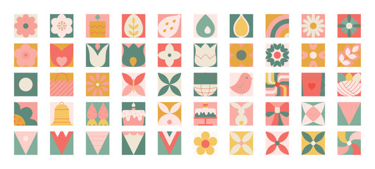 Abstract modern easter geometric elements. Icons with spring flowers, cake, flags.