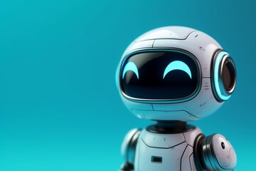 Obraz na płótnie Canvas White Robot Character. 3D Chatbot GPT Mascot. Solid Blue Minimalist Banner For Futuristic Technology Themes with Copy Space. AI Generated