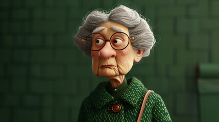 A charming cartoon illustration of an elderly woman with a forest green coat, holding a stylish handbag. This 3D headshot showcases her kind smile and wisdom, perfect for adding a touch of w