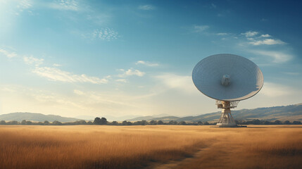 an old radio telescope in a field with blue sky