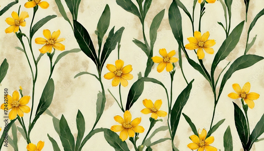 Poster seamless pattern of decorative plants with yellow flowers on a light background fresco mural wallpaper for interior printing