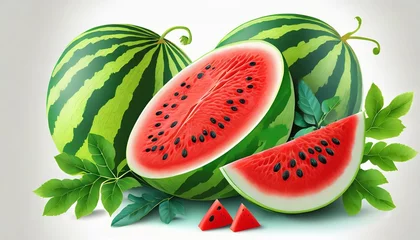 Foto op Plexiglas watermelon fruit with cut down half and sliced and leafe © Wendy