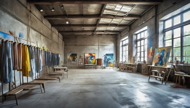 the inside of a warehouse converted into a creative art studio walls and floor made of concrete and cement clothing hung up on clothing racks against the wall neo expressionist paintings