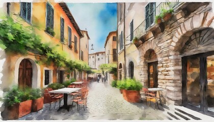 cafe in the old town of italy vertical watercolor painting printable wall art  - obrazy, fototapety, plakaty