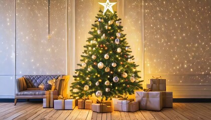 christmas tree with gift boxes and glittering stars on background