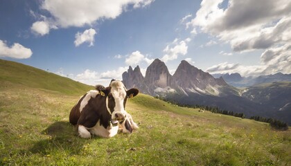 beautiful cow resting on a mountain meadow at the dolomites trentino alto adige south tyrol in italy - obrazy, fototapety, plakaty