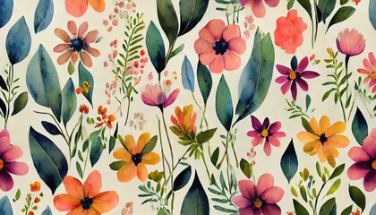 watercolor floral seamless pattern in cute childish style colored garden background hand painting print with abstract flowers leaves and plants design texture - obrazy, fototapety, plakaty