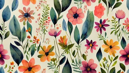 Tuinposter watercolor floral seamless pattern in cute childish style colored garden background hand painting print with abstract flowers leaves and plants design texture © Wendy