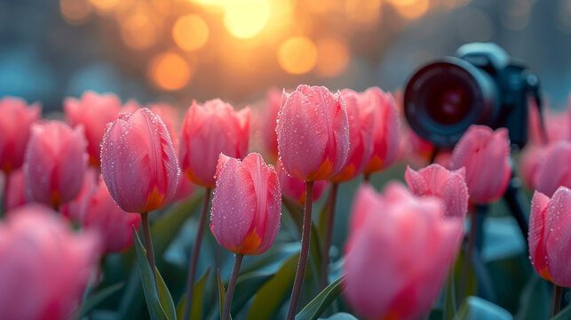 The photographer is taking photos of beautiful tulips