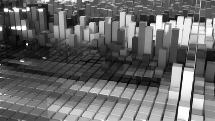 Geometrie - schwarz weiße Quader - Skyline - Architektur, Hochhäuser,  Perspektive, Flächen, Formen, Winkel, Kontrast, Körper, Symmetrie, Rendering