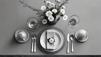 monochrome table setting in grey color with flowers