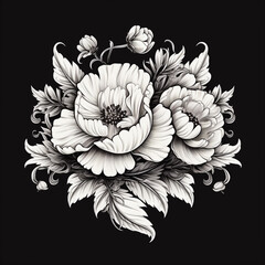 Watercolor black and white roses. Bouquet of roses. Rose bush. Beautiful flowers.