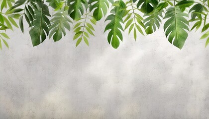 green tropical leaves hanging from above on a textured wall on a light gray background fresco wallpaper for interior printing