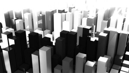 Geometrie - schwarz weiße Quader - Skyline - Architektur, Hochhäuser,  Perspektive, Flächen, Formen, Winkel, Kontrast, Körper, Symmetrie, Rendering