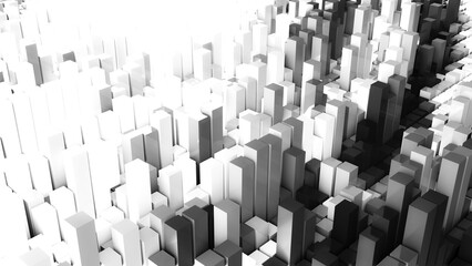 Geometrie - schwarz weiße Quader - Skyline - Architektur, Hochhäuser,  Perspektive, Flächen, Formen, Winkel, Kontrast, Körper, Symmetrie, Rendering