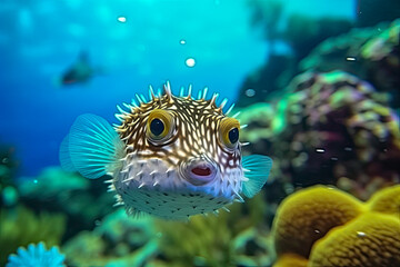 Aufgeblasener Kugelfisch schwimmt im Meer, Unterwasser, Generative AI