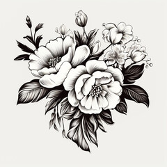 Watercolor black and white roses. Bouquet of roses. Rose bush. Beautiful flowers.