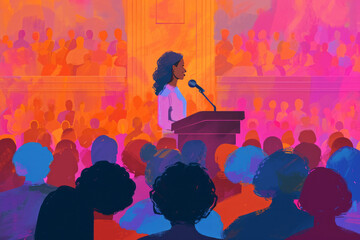 A woman standing at a podium, delivering an inspiring speech on gender equality and empowerment, with a diverse audience in the background.