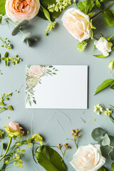 Overhead flat lay view of a blank white invitation stationery card with flowers