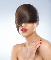 Hair, beauty and hand of woman with manicure in studio on white background for keratin treatment....