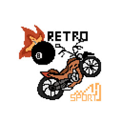 illustration image of a billiard ball burning as hot as fire with a classic motorbike next to it in 8 bit retro style