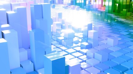 Geometrie - hellblaue Quader - Skyline - Architektur, Perspektive, Flächen, Formen, Winkel, Körper, Symmetrie, Rendering