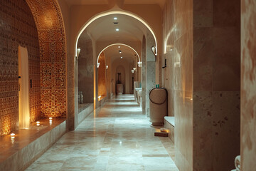 The traditional Turkish hammam experience, with a focus on the wooden scrubbing and massage area, featuring characteristic round basins and authentic - obrazy, fototapety, plakaty